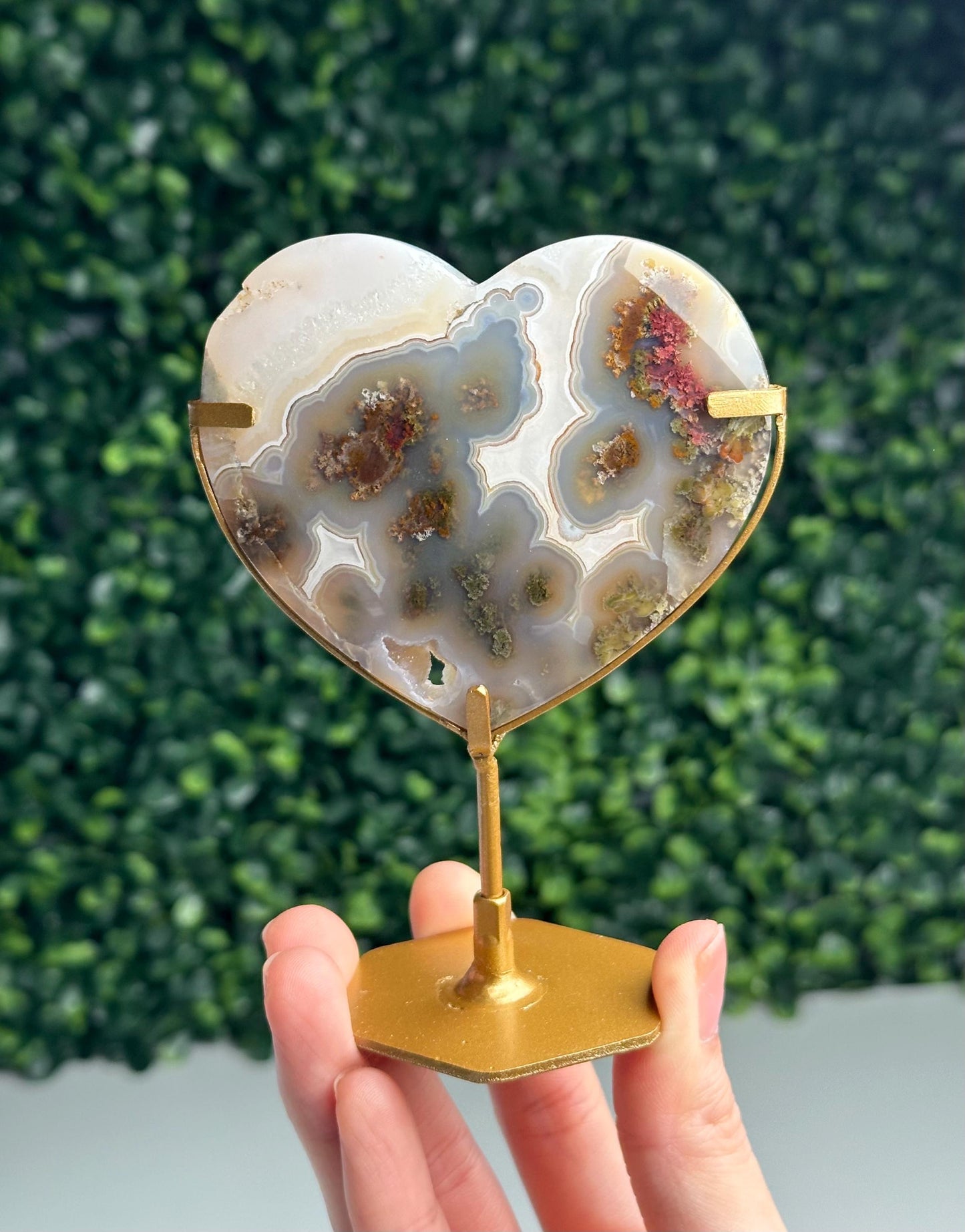 HQ Scenic Moss Agate Heart on Stand | Natural Crystal Display | Polished Gemstone with Landscape Patterns | Unique Home Decor Piece