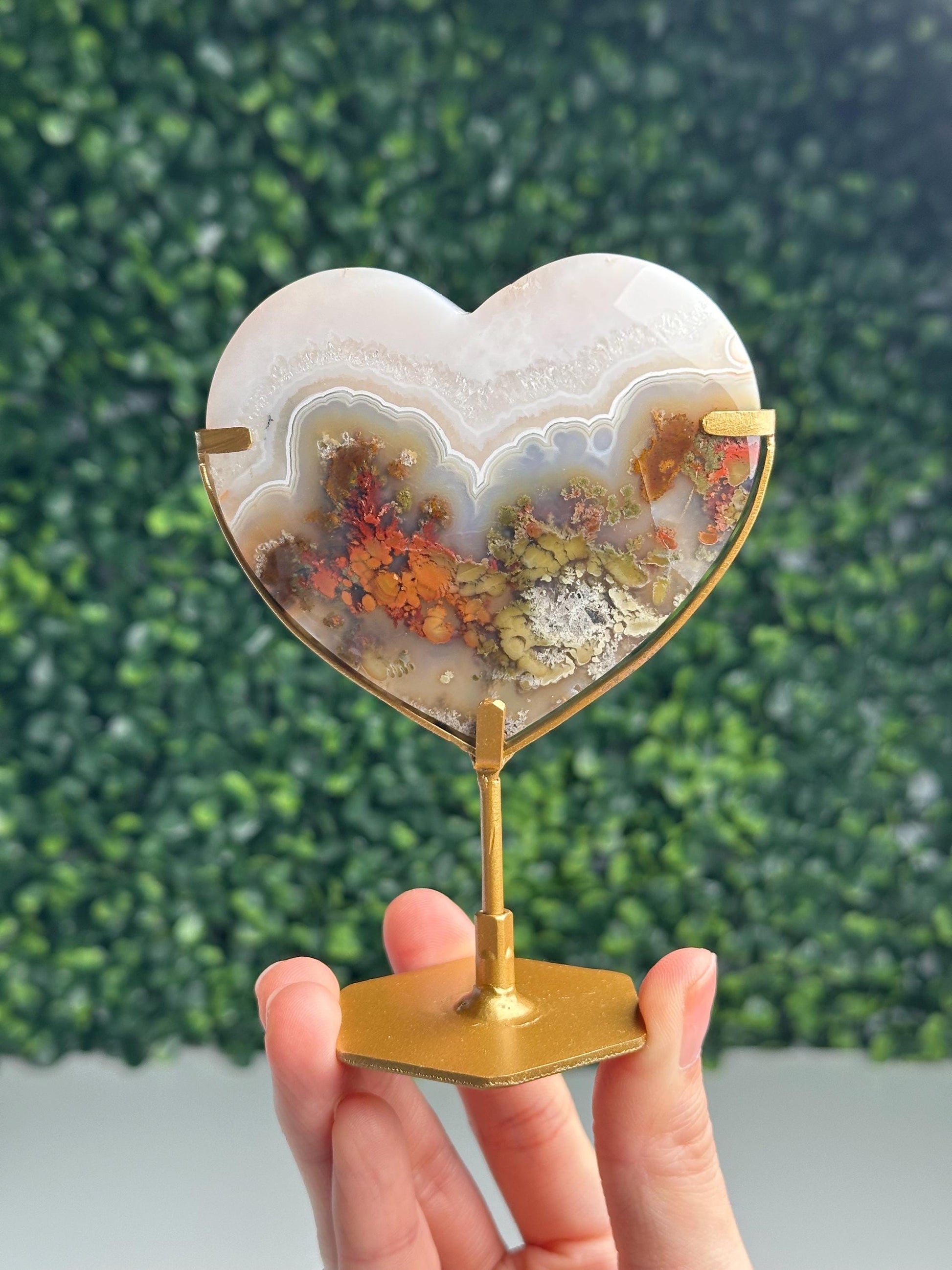 Scenic Moss Agate Heart on Stand | Natural Crystal Display | Polished Gemstone with Landscape Patterns | Unique Home Decor Piece