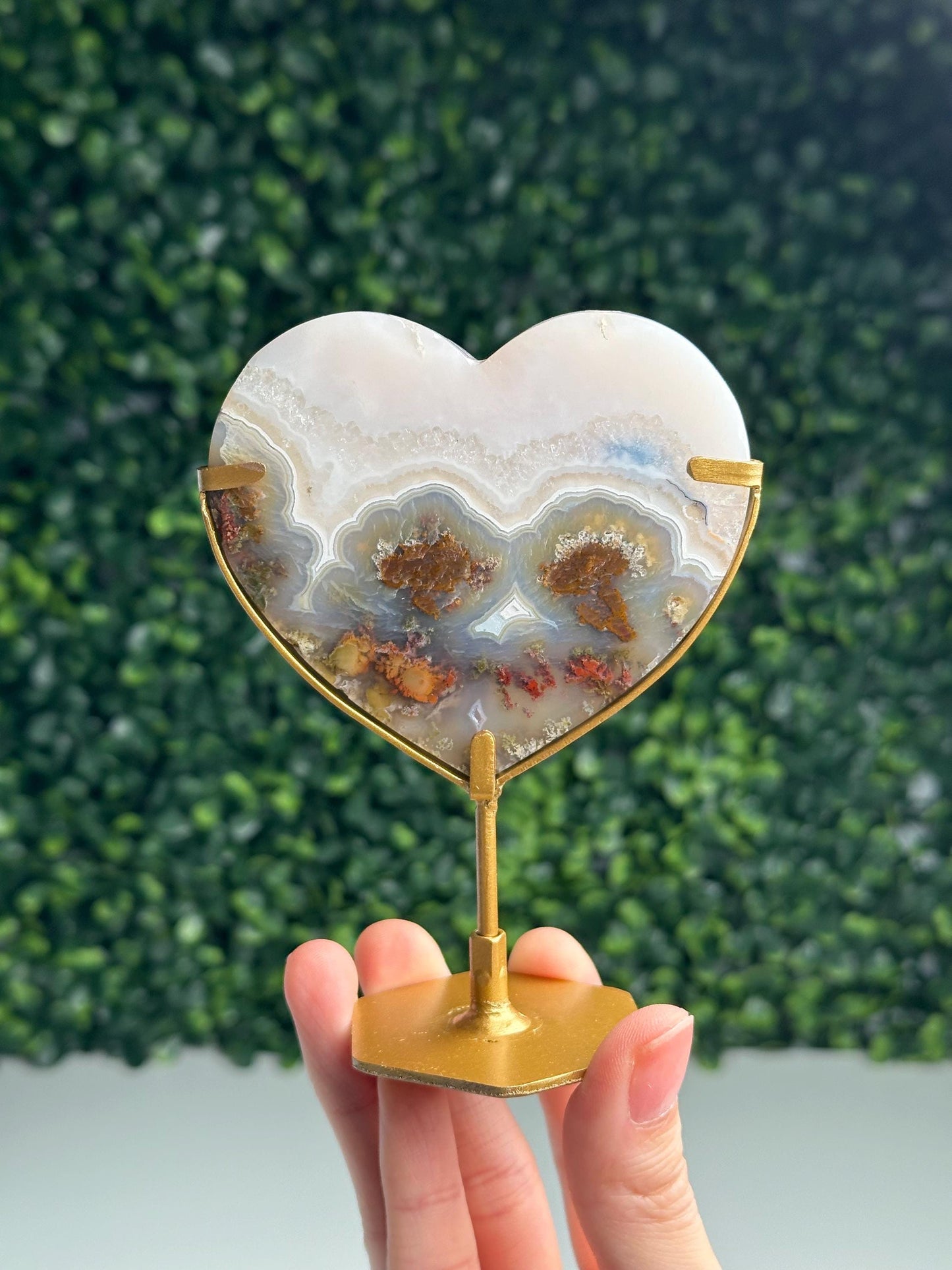 Scenic Moss Agate Heart on Stand | Natural Crystal Display | Polished Gemstone with Landscape Patterns | Unique Home Decor Piece