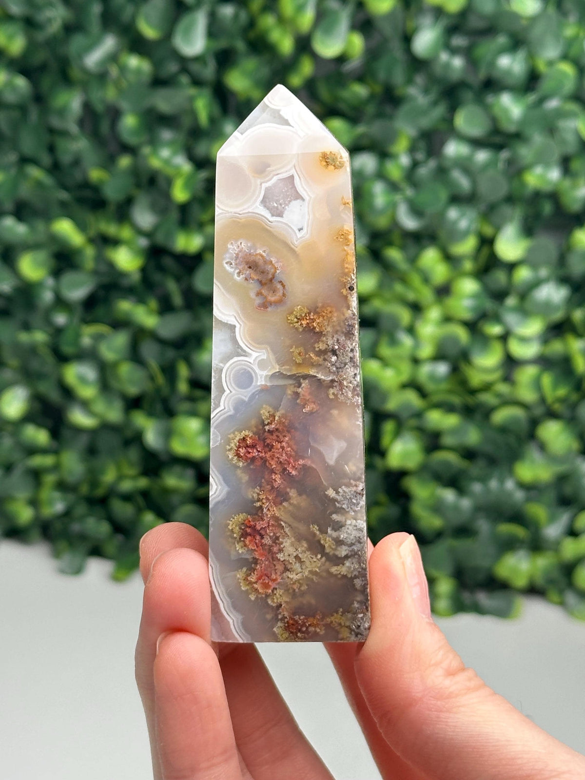 Scenic Moss Agate Tower from Indonesia | Natural Landscape Crystal Point | Green Inclusion Mineral Specimen | Collector Display Decor Gift