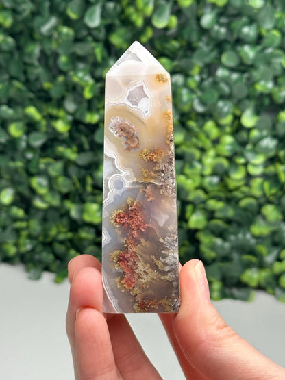 Scenic Moss Agate Tower from Indonesia | Natural Landscape Crystal Point | Green Inclusion Mineral Specimen | Collector Display Decor Gift
