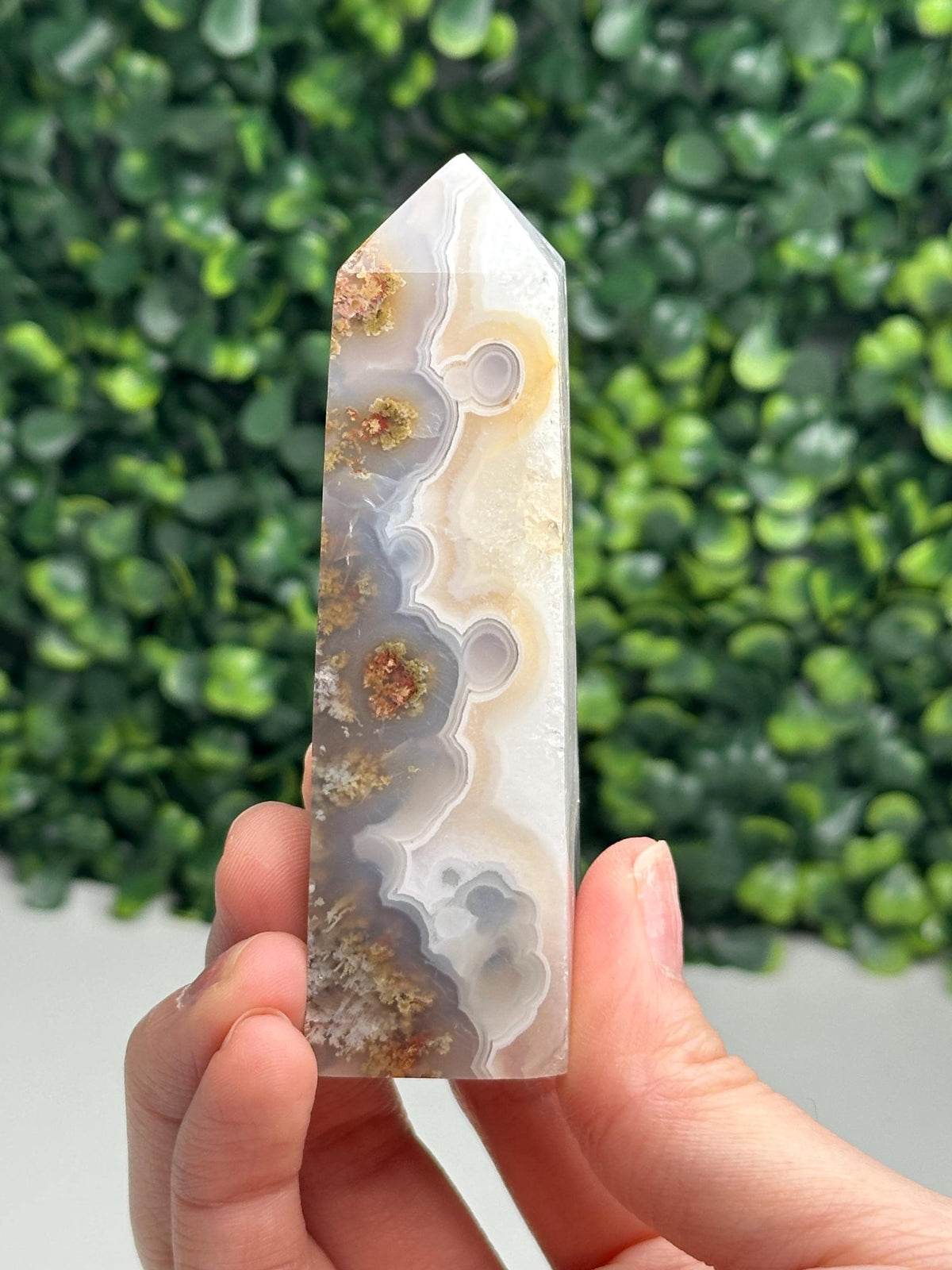 Scenic Moss Agate Tower from Indonesia | Natural Landscape Crystal Point | Green Inclusion Mineral Specimen | Collector Display Decor Gift