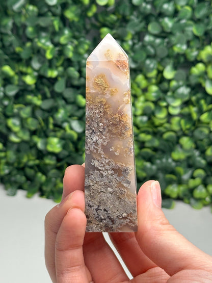 Scenic Moss Agate Tower from Indonesia | Natural Landscape Crystal Point | Green Inclusion Mineral Specimen | Collector Display Decor Gift