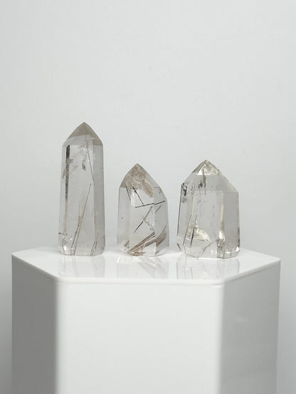 Clear Quartz with Black Rutile Set of 3 | Black Rutilated Crystals | Natural Needle Inclusion Stones | Mineral Specimen Collector Gift