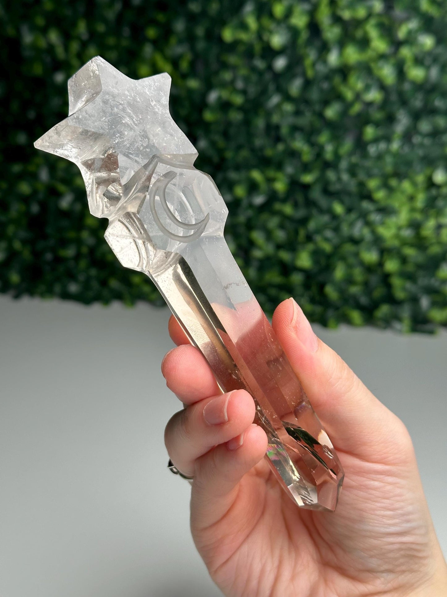 Smoky Quartz Star Moon Wand Carving with Stand | Celestial Crystal Display | Natural Brown Quartz Carved Wand | Witchy Altar Decor Gift