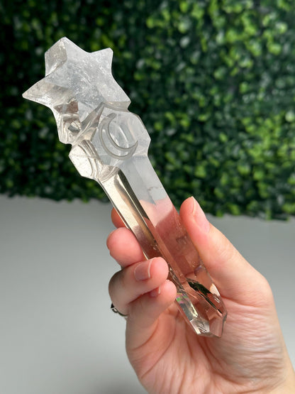 Smoky Quartz Star Moon Wand Carving with Stand | Celestial Crystal Display | Natural Brown Quartz Carved Wand | Witchy Altar Decor Gift