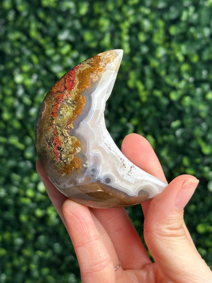 Scenic Moss Agate Moon with Dendritic Inclusions on Stand | Natural Landscape Crystal Crescent | Mineral Specimen Collector Display Decor