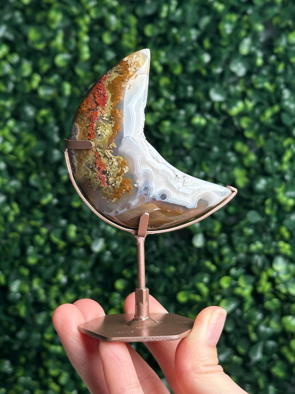 Scenic Moss Agate Moon with Dendritic Inclusions on Stand | Natural Landscape Crystal Crescent | Mineral Specimen Collector Display Decor