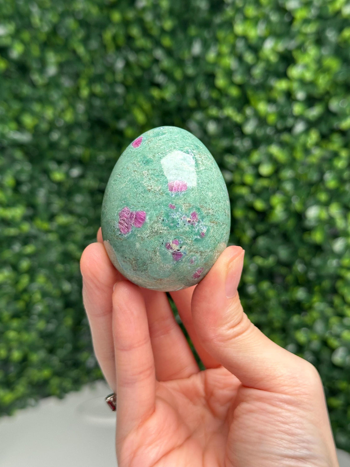 Ruby in Fuchsite Egg | UV Reactive Fluorescent Crystal | Natural Green Fuchsite with Ruby | Polished Gemstone Egg | Mineral Display