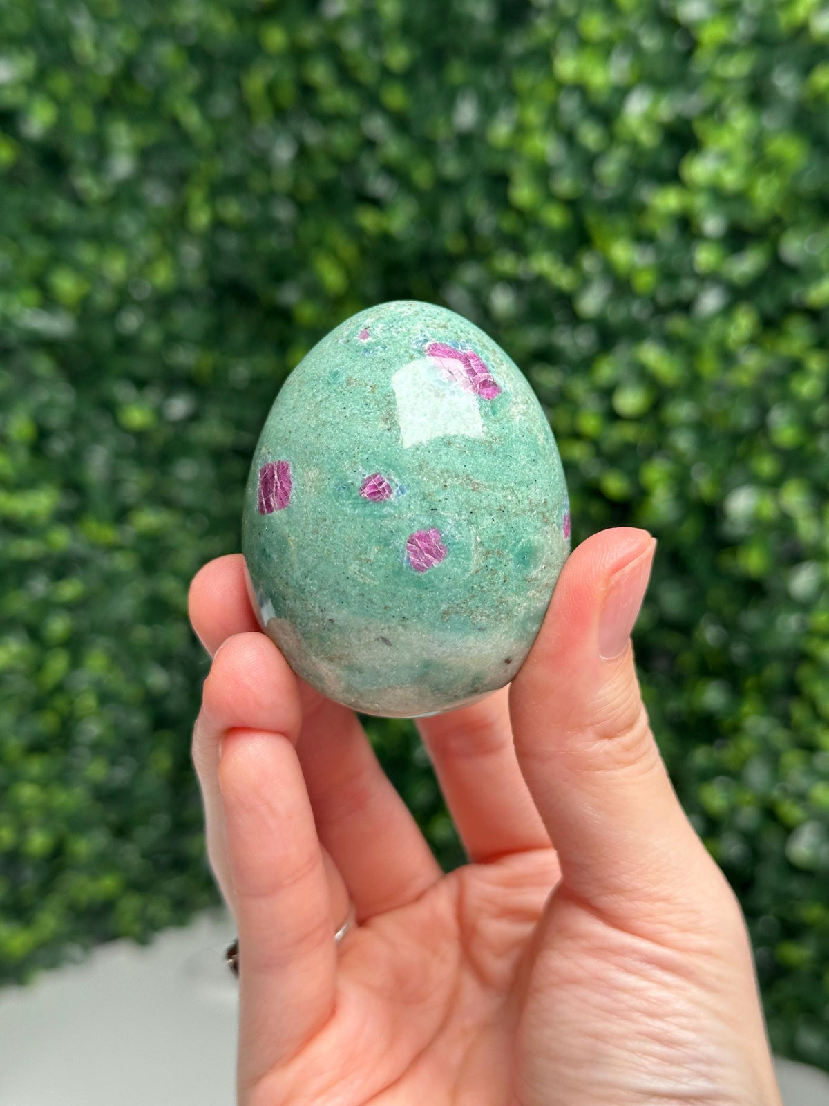 Ruby in Fuchsite Egg | UV Reactive Fluorescent Crystal | Natural Green Fuchsite with Ruby | Polished Gemstone Egg | Mineral Display