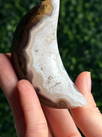 Scenic Moss Agate Moon with Dendritic Inclusions on Stand | Natural Landscape Crystal Crescent | Mineral Specimen Collector Display Decor