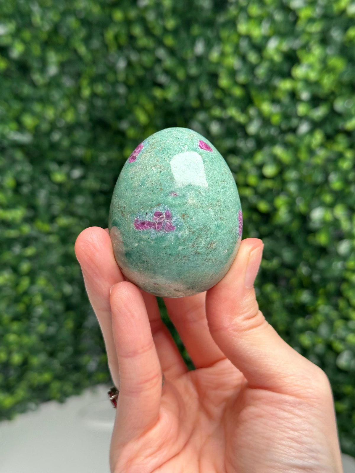 Ruby in Fuchsite Egg | UV Reactive Fluorescent Crystal | Natural Green Fuchsite with Ruby | Polished Gemstone Egg | Mineral Display