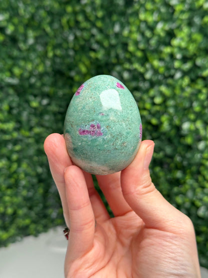 Ruby in Fuchsite Egg | UV Reactive Fluorescent Crystal | Natural Green Fuchsite with Ruby | Polished Gemstone Egg | Mineral Display