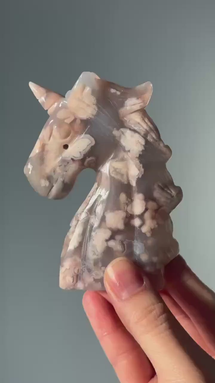 Black Flower Agate Unicorn | Carved Crystal Figurine | Unique Gemstone with Floral Patterns | Mystical Decor for Display