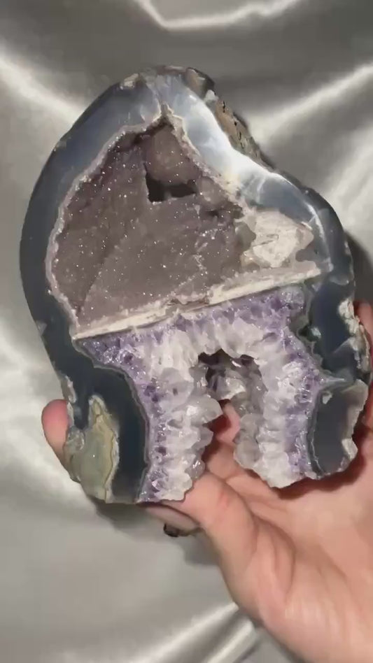 Unique Two-Tier Cut Base Amethyst Specimen | Natural Amethyst with Druzy & Crystal Growth | Standing Mineral Display Piece for Collectors