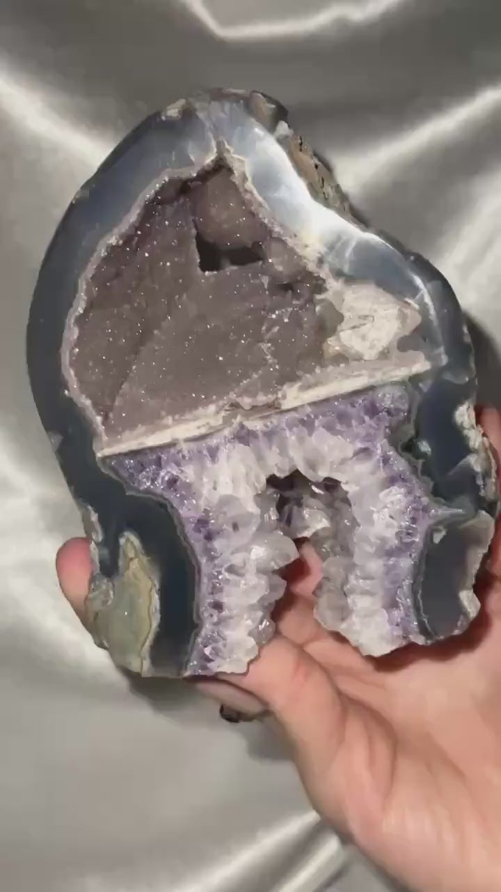Unique Two-Tier Cut Base Amethyst Specimen | Natural Amethyst with Druzy & Crystal Growth | Standing Mineral Display Piece for Collectors
