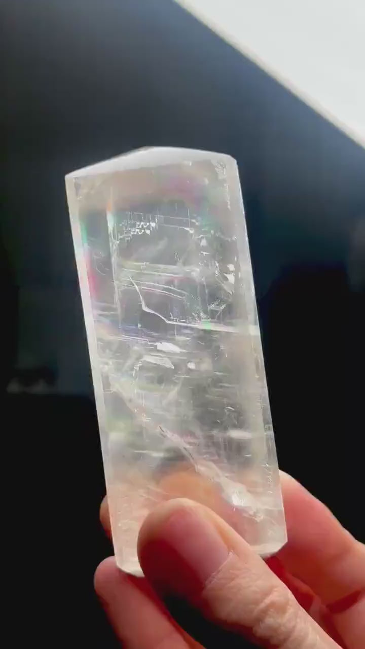 Optical Calcite Tower | Natural Clear Calcite Crystal Point | Polished Standing Iceland Spar Mineral Specimen for Collectors Display Decor