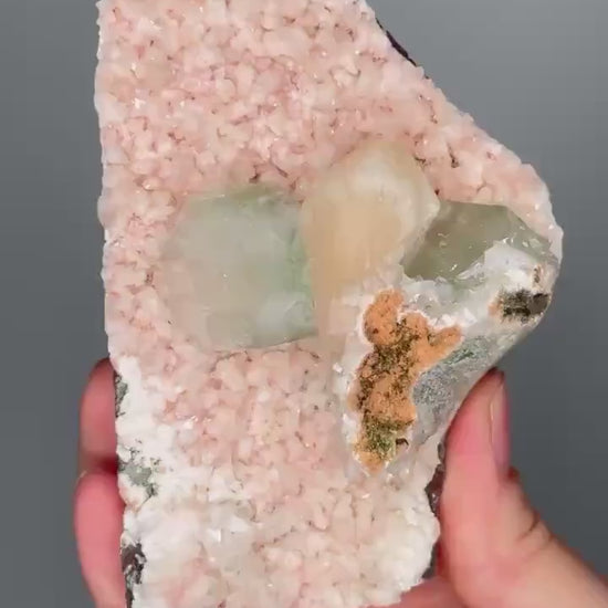 Green Apophyllite on Crystallized Heulandite with Peach Stilbite | Natural Mineral Formation | Unique Crystal Display Piece