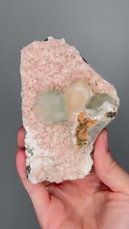 Green Apophyllite on Crystallized Heulandite with Peach Stilbite | Natural Mineral Formation | Unique Crystal Display Piece
