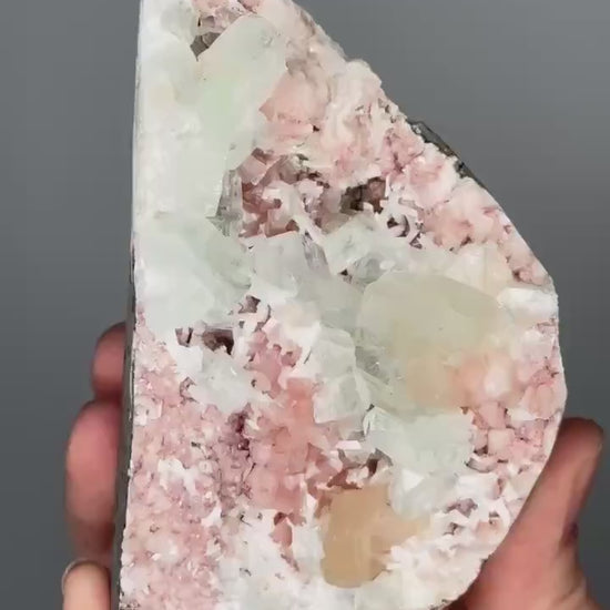 Green Apophyllite on Crystallized Heulandite with Peach Stilbite | Natural Zeolite Cluster | Unique Mineral Specimen | Crystal Display Piece