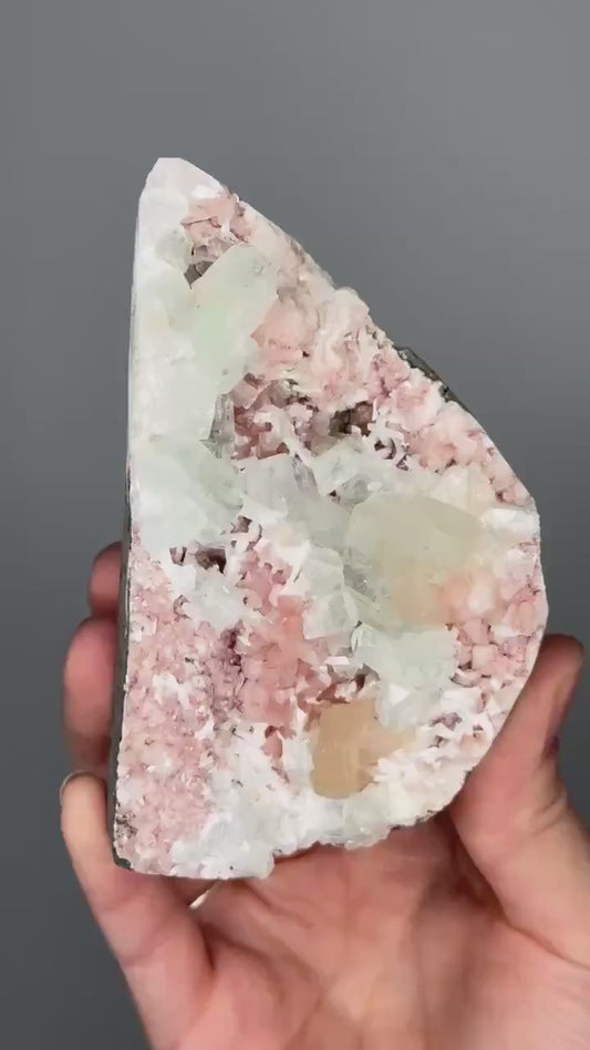 Green Apophyllite on Crystallized Heulandite with Peach Stilbite | Natural Zeolite Cluster | Unique Mineral Specimen | Crystal Display Piece