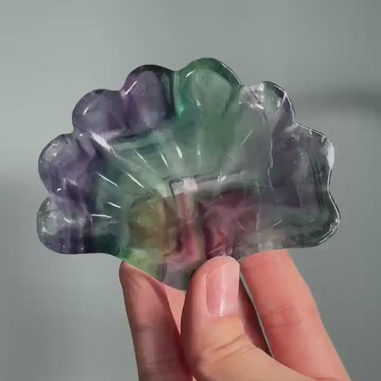 Fluorite Shell Bowl – Carved Natural Crystal Dish in Seashell Shape, Rainbow Fluorite for Display, Jewelry Holder, or Altar Offering Bowl