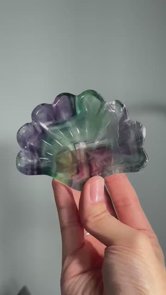 Fluorite Shell Bowl – Carved Natural Crystal Dish in Seashell Shape, Rainbow Fluorite for Display, Jewelry Holder, or Altar Offering Bowl