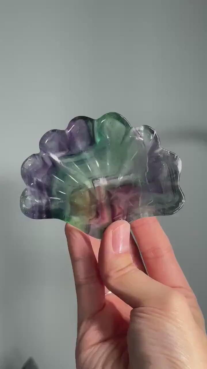 Fluorite Shell Bowl – Carved Natural Crystal Dish in Seashell Shape, Rainbow Fluorite for Display, Jewelry Holder, or Altar Offering Bowl