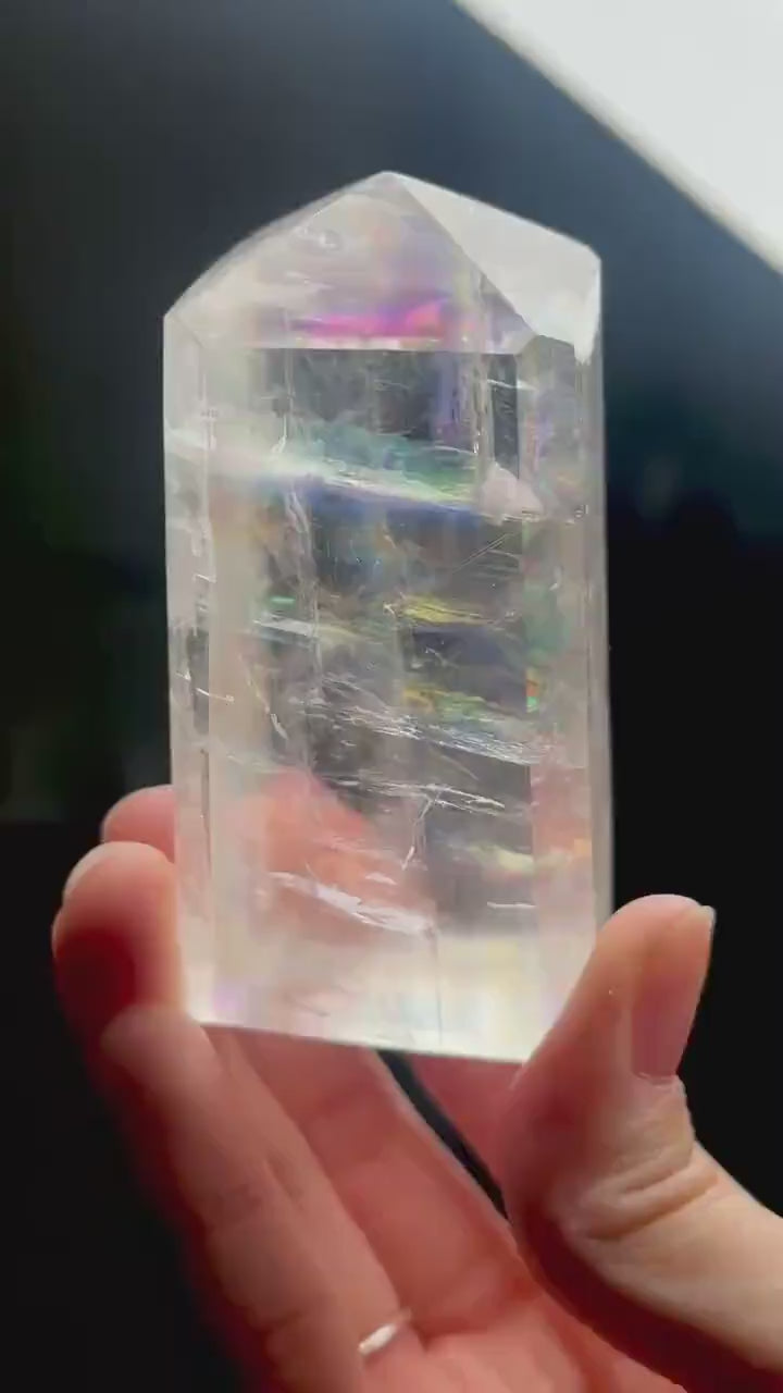 Optical Calcite Tower | Natural Clear Calcite Crystal Point | Polished Standing Iceland Spar Mineral Specimen for Collectors Display Decor
