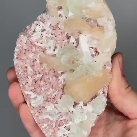 Green Apophyllite on Crystallized Heulandite with Peach Stilbite | Natural Zeolite Cluster | Unique Mineral Specimen | Crystal Display Piece