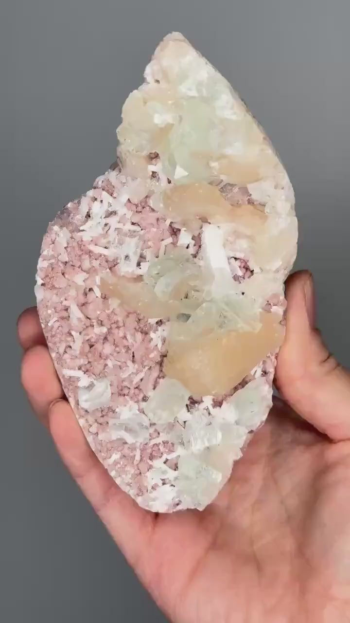 Green Apophyllite on Crystallized Heulandite with Peach Stilbite | Natural Zeolite Cluster | Unique Mineral Specimen | Crystal Display Piece