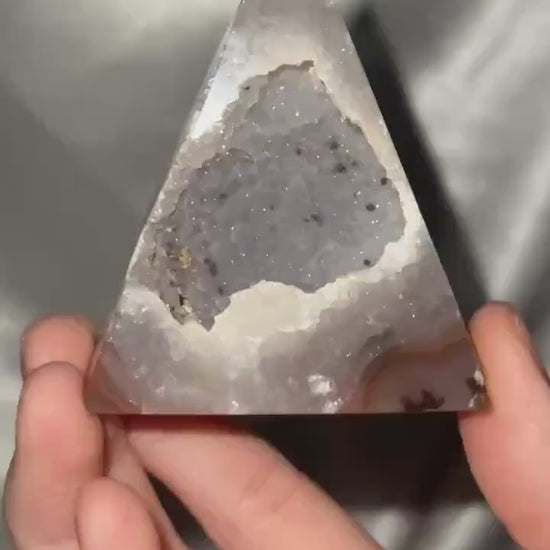 Druzy Agate Pyramid with Sugar Druzy Pocket | Natural Agate Crystal Pyramid | Sparkling Druze Mineral Specimen for Collectors & Display