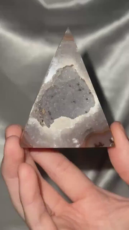 Druzy Agate Pyramid with Sugar Druzy Pocket | Natural Agate Crystal Pyramid | Sparkling Druze Mineral Specimen for Collectors & Display