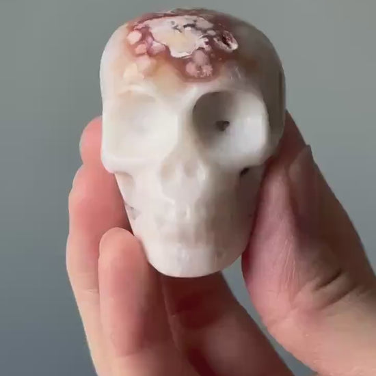 Small Flower Agate Skull | Carved Crystal Figurine | Natural Gemstone with Floral Patterns | Unique Decor & Display Piece