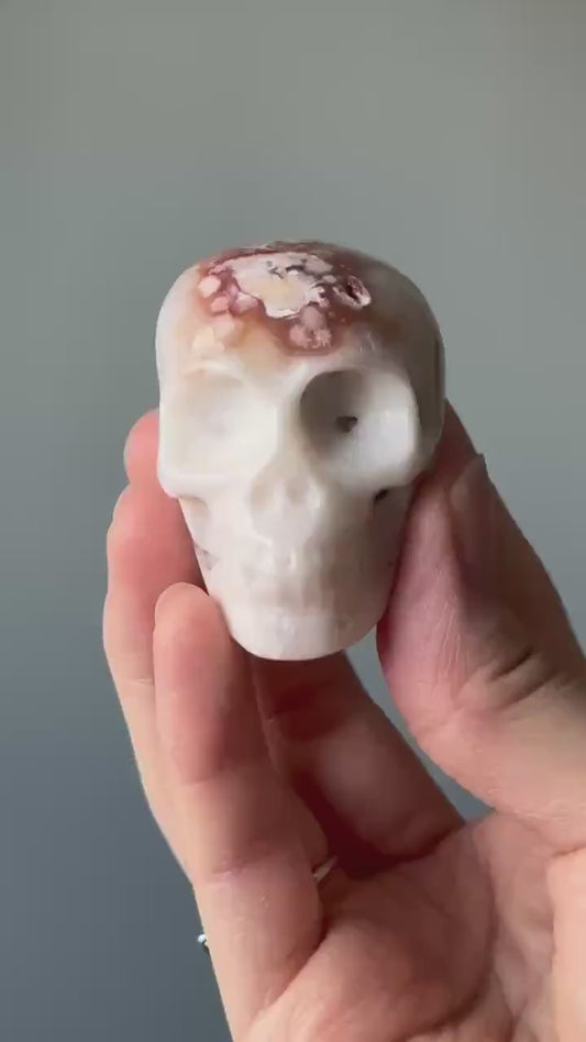 Small Flower Agate Skull | Carved Crystal Figurine | Natural Gemstone with Floral Patterns | Unique Decor & Display Piece