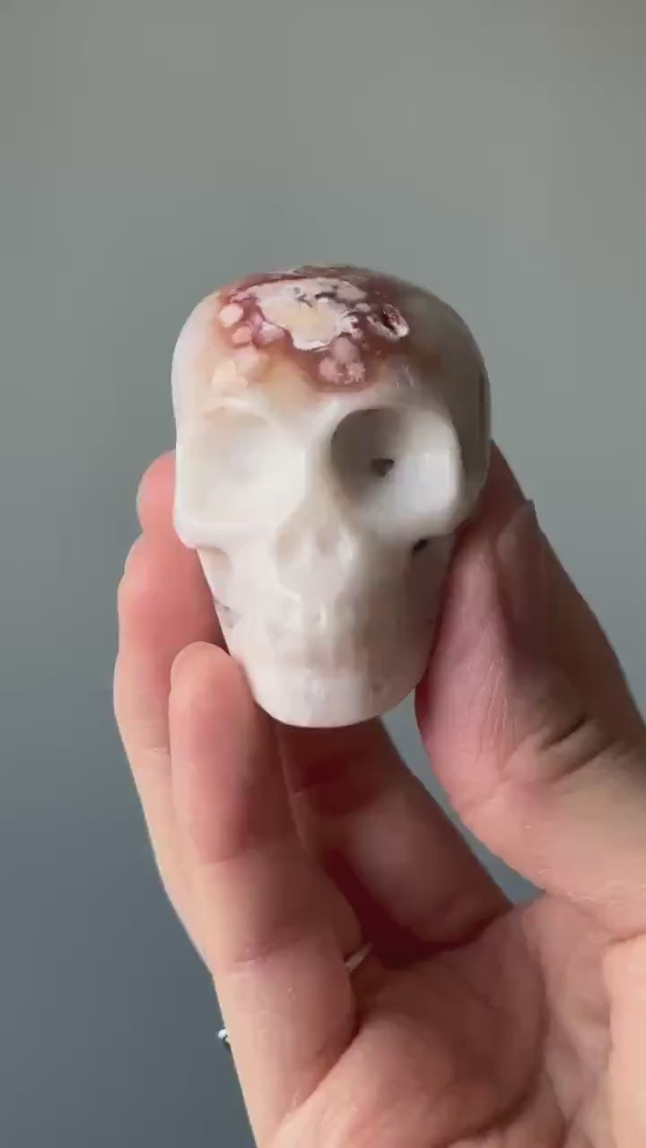 Small Flower Agate Skull | Carved Crystal Figurine | Natural Gemstone with Floral Patterns | Unique Decor & Display Piece