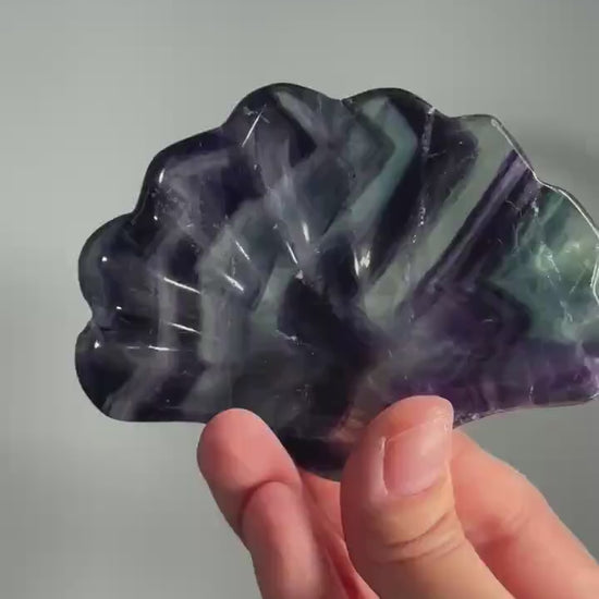 Fluorite Shell Bowl – Carved Natural Crystal Dish in Seashell Shape, Rainbow Fluorite for Display, Jewelry Holder, or Altar Offering Bowl