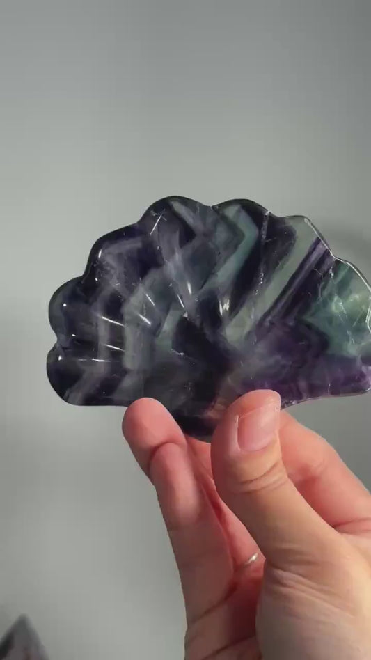 Fluorite Shell Bowl – Carved Natural Crystal Dish in Seashell Shape, Rainbow Fluorite for Display, Jewelry Holder, or Altar Offering Bowl
