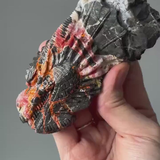Master Carved Magma Chalcedony Dragon | Fiery Swirls & Smoky Depths | Bold Crystal Statement for Display or Collector Shelf