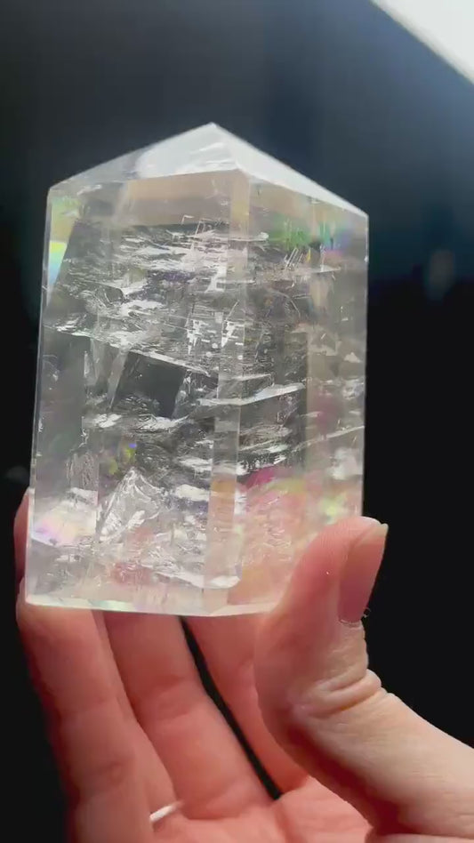 Optical Calcite Tower | Natural Clear Calcite Crystal Point | Polished Standing Iceland Spar Mineral Specimen for Collectors Display Decor