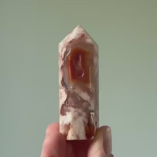 Carnelian Flower Agate Tower with Druzy – Polished Crystal Point, Natural Pink & Orange Gemstone, Energy Tool or Display Decor