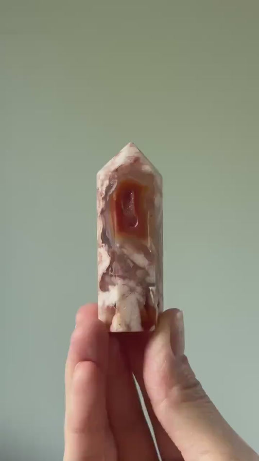 Carnelian Flower Agate Tower with Druzy – Polished Crystal Point, Natural Pink & Orange Gemstone, Energy Tool or Display Decor