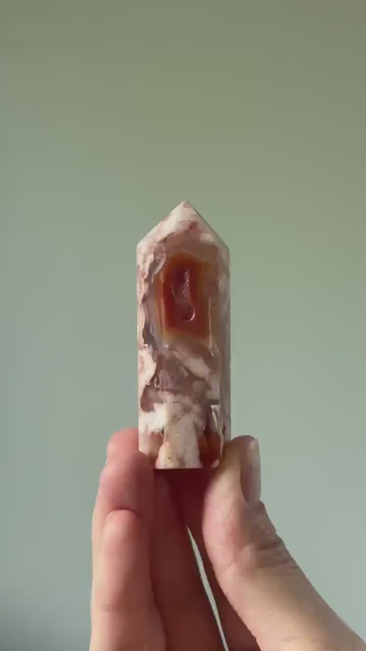 Carnelian Flower Agate Tower with Druzy – Polished Crystal Point, Natural Pink & Orange Gemstone, Energy Tool or Display Decor