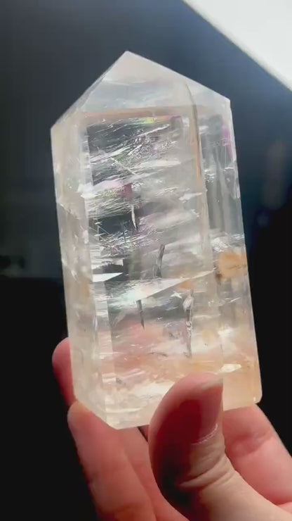Optical Calcite Tower | Natural Clear Calcite Crystal Point | Polished Standing Iceland Spar Mineral Specimen for Collectors Display Decor