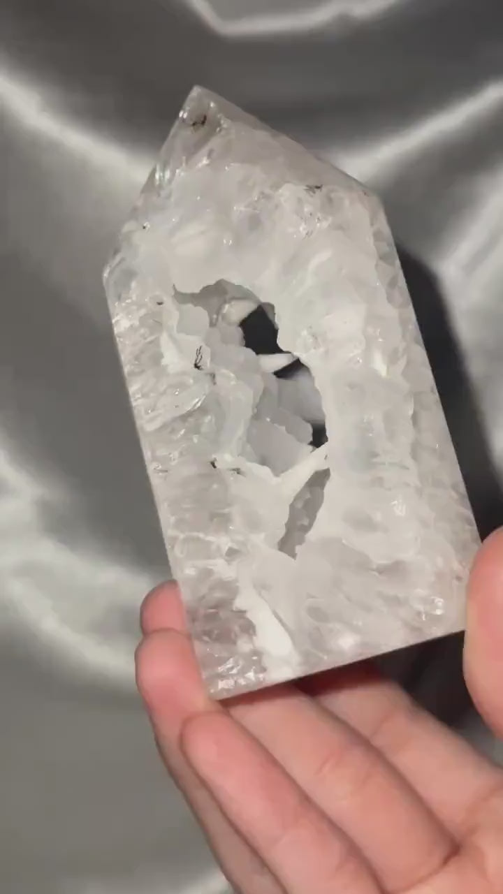 Quartz Tower with Dendritic & Iron Inclusions | Druzy Pocket with Dogtooth Calcite | Natural Inclusion Quartz Mineral Specimen