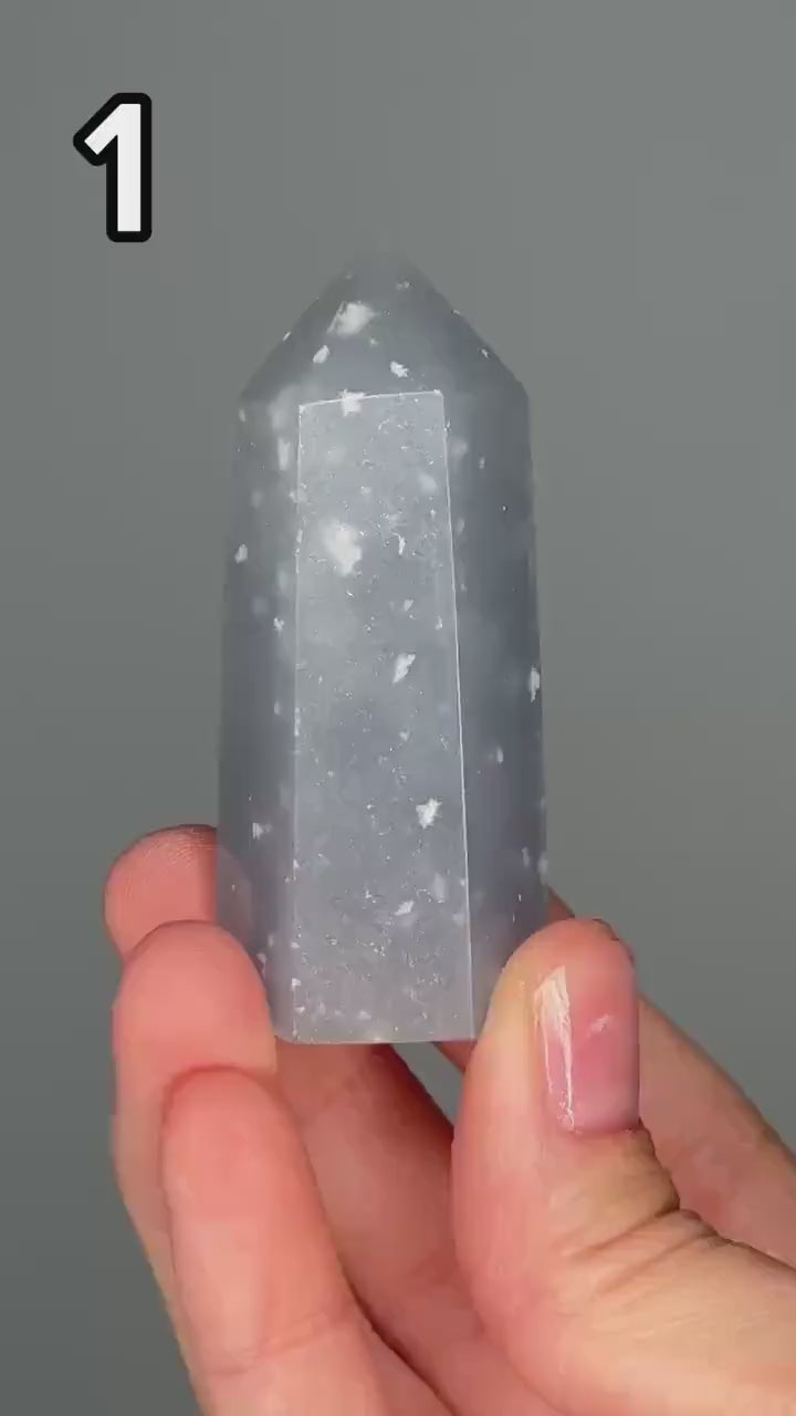 Snowflake Angelite Tower–YOU PICK! Polished Crystal Point, Natural Blue Gemstone with White Inclusions, Calming Energy Tool, Spiritual Decor