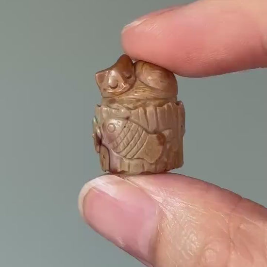 Mini Alashan Agate Sleeping Kitten on Stump – Carved Crystal Cat Figurine, Unique Gemstone Animal, Calming Decor, Pocket Totem Gift