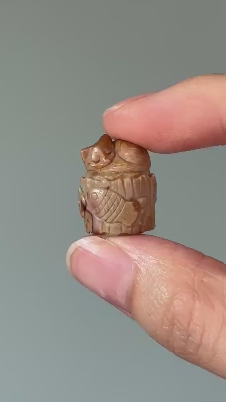 Mini Alashan Agate Sleeping Kitten on Stump – Carved Crystal Cat Figurine, Unique Gemstone Animal, Calming Decor, Pocket Totem Gift