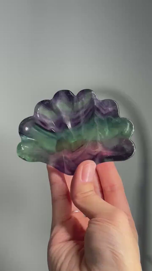 Fluorite Shell Bowl – Carved Natural Crystal Dish in Seashell Shape, Rainbow Fluorite for Display, Jewelry Holder, or Altar Offering Bowl