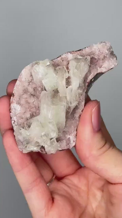 Green Apophyllite on Crystallized Pink Heulandite | Natural Zeolite Cluster | Unique Mineral Formation | Crystal Specimen for Display